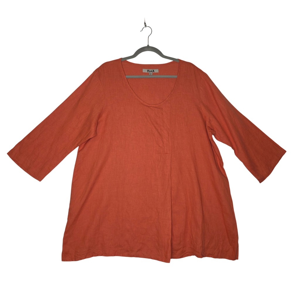 FLAX Orange Linen Asymmetrical Tunic Top Size L 3/4 Sleeve Scoop Neck Coastal